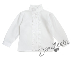 Детска риза в бяло за момиче с дълъг ръкав и къдрички с висока яка