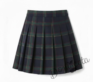 Комплект от 4 части карирана плисирана пола с бяла изчистена риза, карирана вратовръзка и карирано елече, подходящ и за ученическа униформа