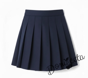 Комплект от 3 части пола плисе над коляното с елече в тъмносиньо и бяла изчистена риза, подходящ и за ученическа униформа