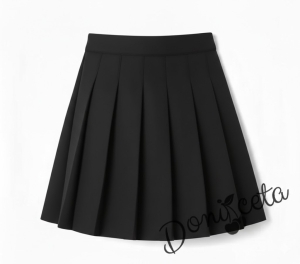 Комплект от 4 части плисирана пола над коляното с елече и вратовръзка в черно и риза в бяло, подходящ и за ученическа униформа